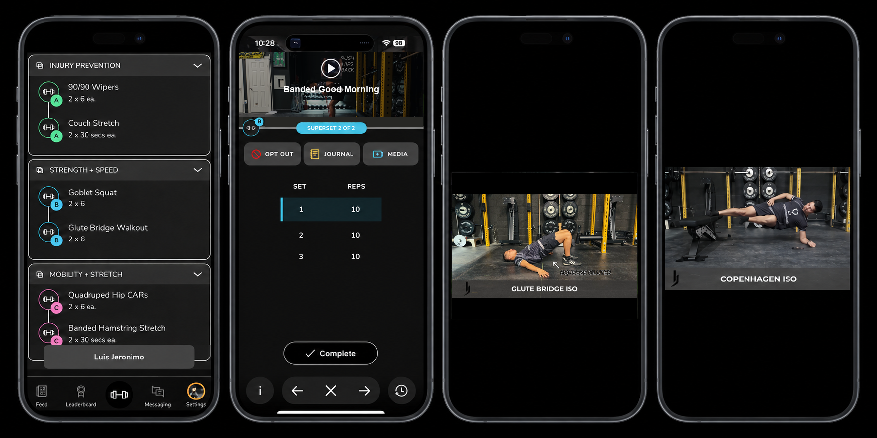 LJP training app on four phones, showing workout plans and exercise demonstrations