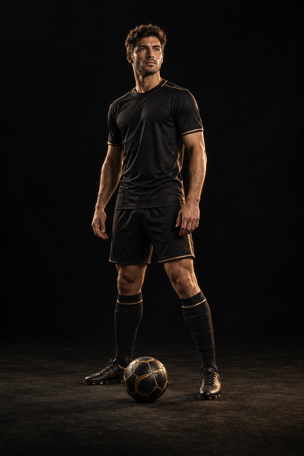 Illustrated soccer athlete standing over a ball, with interactive development qualities